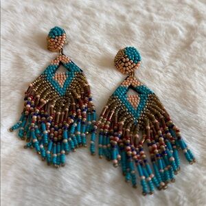 Turquoise and Gold Beaded Dangle Earrings